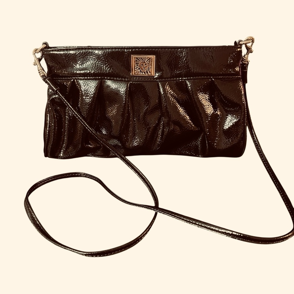 Anne Klein Black Patent Bag | Noir Minimal Crossbody  | Convertible Clutch